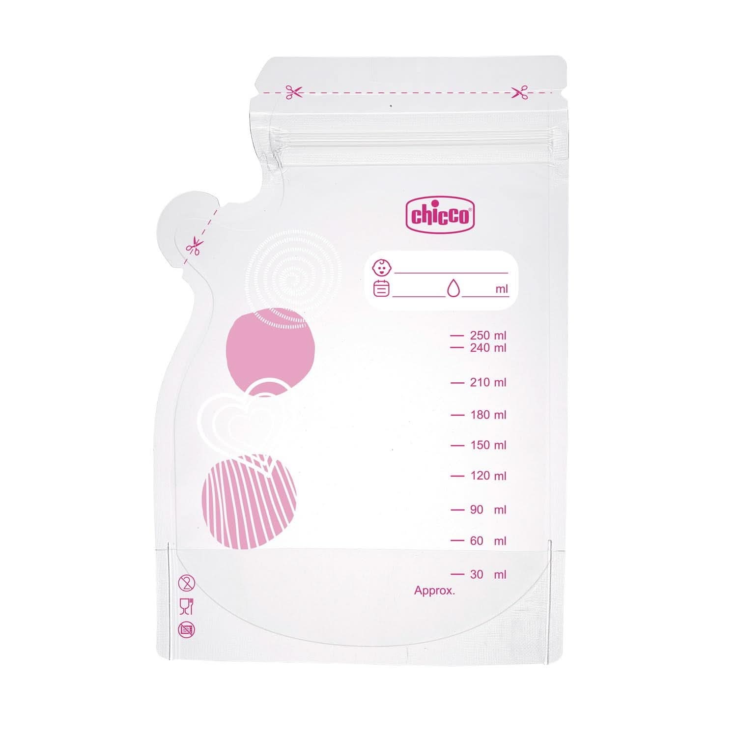 Chicco mjölkpåse med 30 bitar, Läcksäker, 250 ml Tillbehör Mat och Amning Bebe Naty Shop