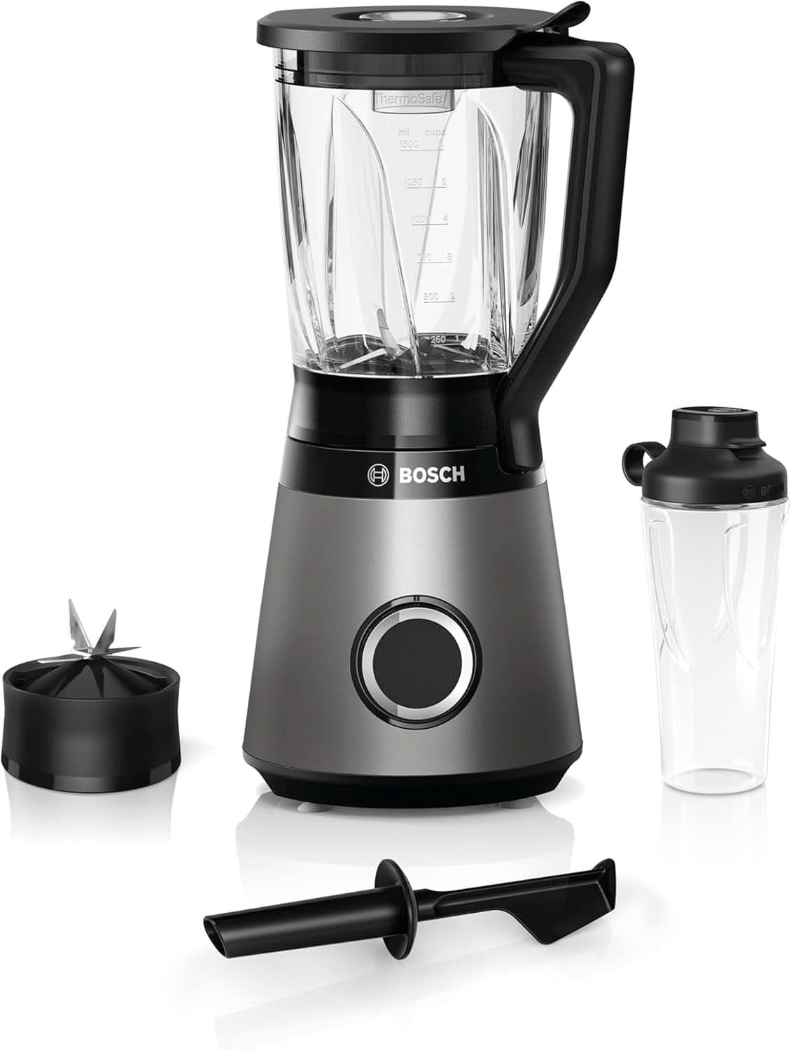 Bosch Standmixer Vitapower Serie 4 MMB6174SN, Verbesserte Version, Hochwertige Edelstahl-Klingen, 1,5L Glasbehälter, 0,6L To-Go-Flasche, Spülmaschinenfeste Teile, 30 000 U/Min, 1200 W, Silver Kitchen Naty Shop Single Standmixer 2-