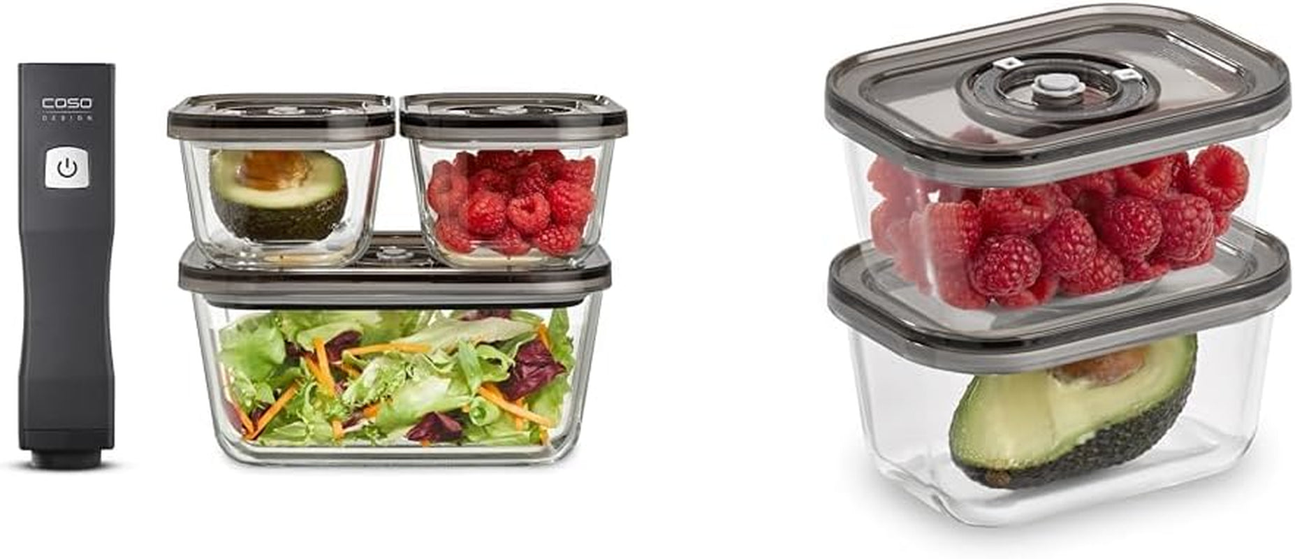Caso Vacu OneTouch Eco-set, manuell vakuumförseglare, inklusive 3 vakuumbehållare i glas och VacuBoxx Eco-Duo S - vakuumfriskhetsbehållare / 2 behållare med 500 ml vardera Matförvaringslådor Naty Shop Standardtitel