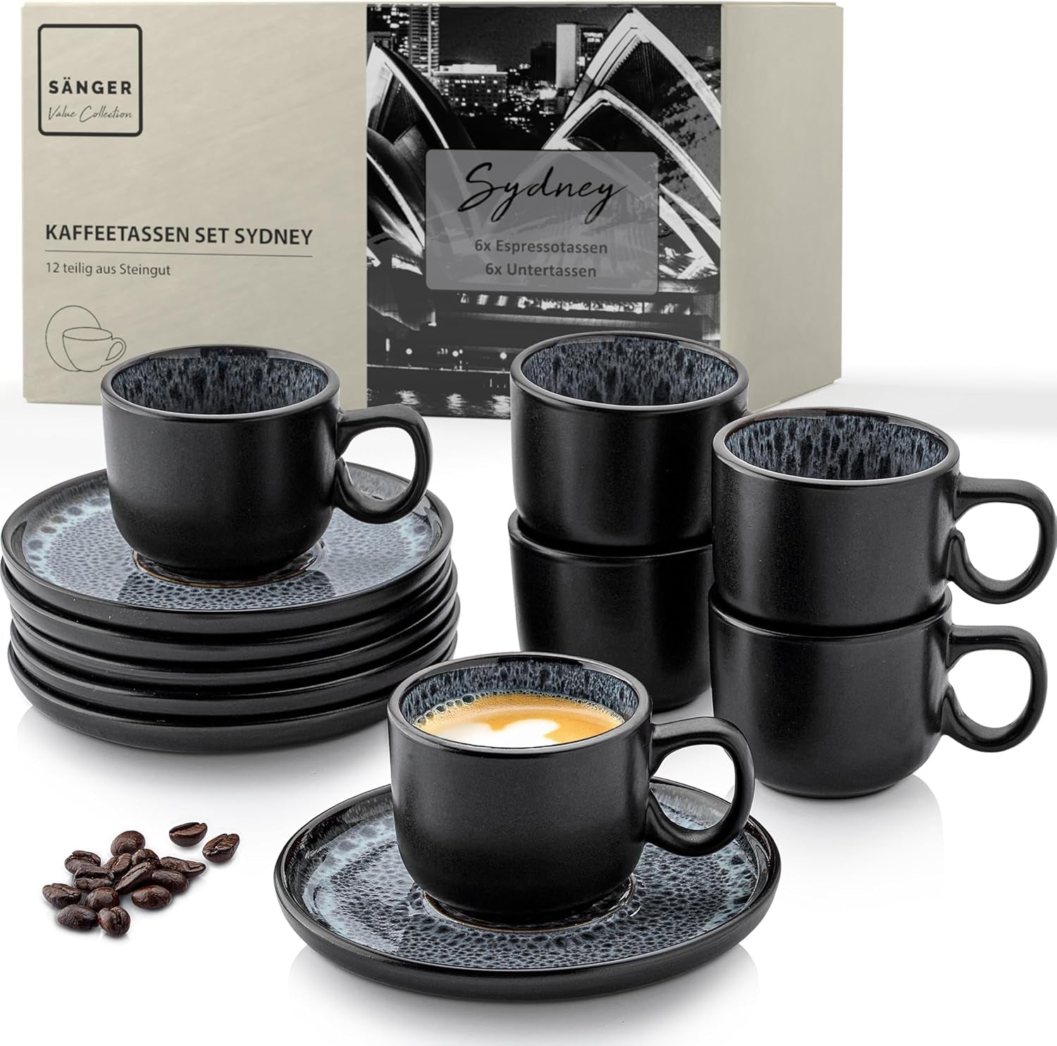 SANGER Sydney | Keramiska espressokoppar med 12 st, mockakoppar för 6, koppar och fat, diskmaskin och mikrovågssäker, mörkgrå, 80 ml | VÄRDESAMLING