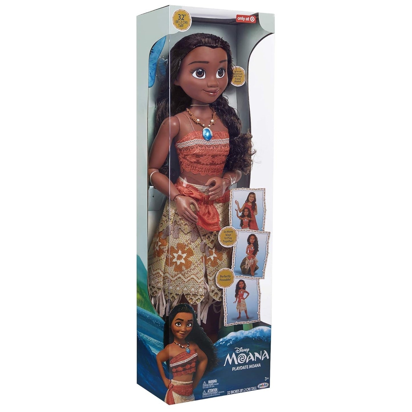 Disney Princess Moana 80cm Play Doll by Jakks Pacific Movable Doll with Brush to Comb Her Wavy Curls Filminspirerad klänning Avtagbart hänge Halsband Dolls Naty Shop