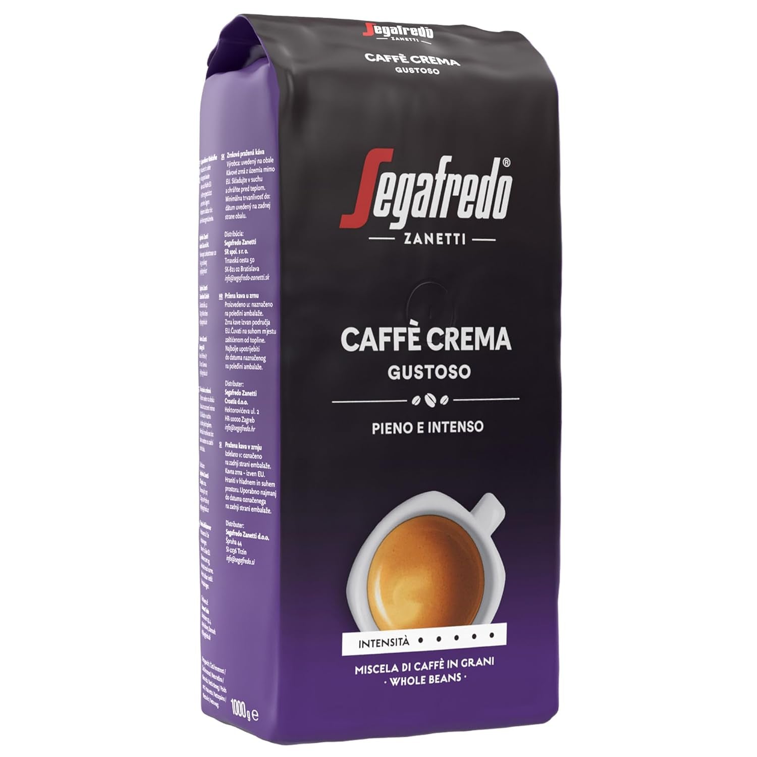 Segafredo Zanetti Caffè Crema Gustoso - Hela bönor (Förpackning med 1 kg) - Lämplig för Caffè Crema - Lång- och mörkrostade kaffebönor, fyllig och intensiv smak (Förpackning med 2)