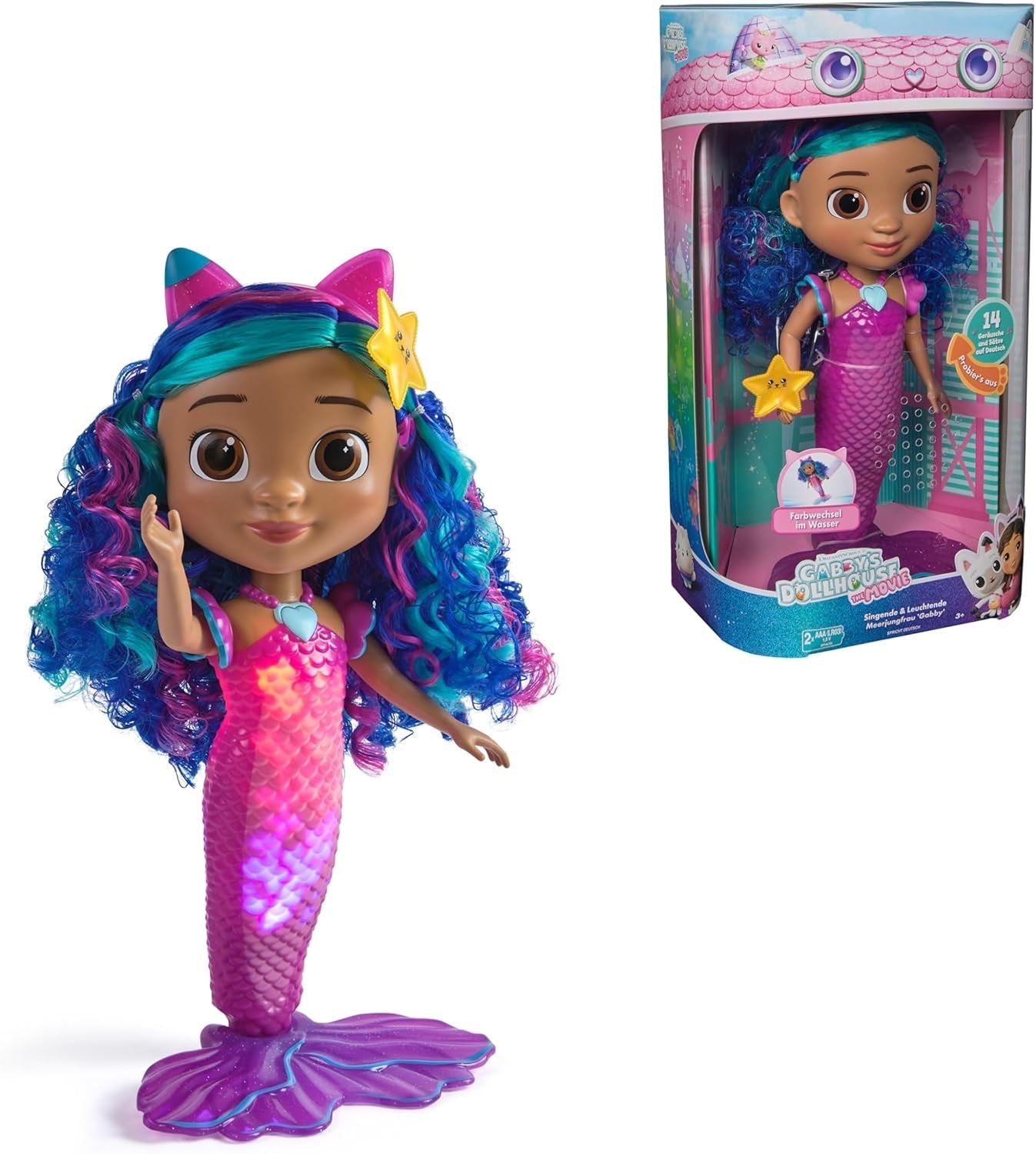DREAMWORKS GABBY'S DOLLHOUSE – Sing & Shine Meerjungfrau Gabby, 35 cm stor Puppe mit Licht- und Soundeffekten, spricht Deutsch, für Kinder ab 3 Jahren