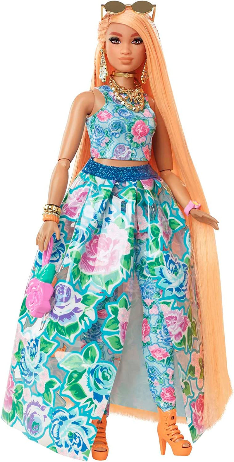 Barbie extra snygg, kurvigt långt jordgubbsblont hår, tvådelad kostym, blå katt, rosa väska, ananassolglasögon inklusive docka, lämplig som present, Hhn14 Naty Shop Dolls