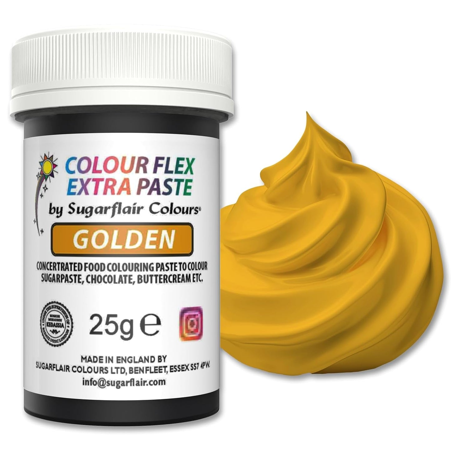 Matfärgspasta Sugarflair Colourflex Extra Paste Golden - Ätbar matfärg för smörkräm, choklad, sugarpaste, glasyr, fondant, kakmixar, deg med mera - 25g