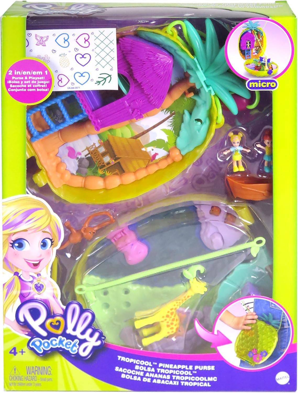 Polly Pocket GKJ64 - Portabel Pineapple Pocket Box med 8 roliga funktioner, Polly och Purple dockor, 2 tillbehör och klistermärke; leksak för barn från 4 år och uppåt Papusi Naty Shop