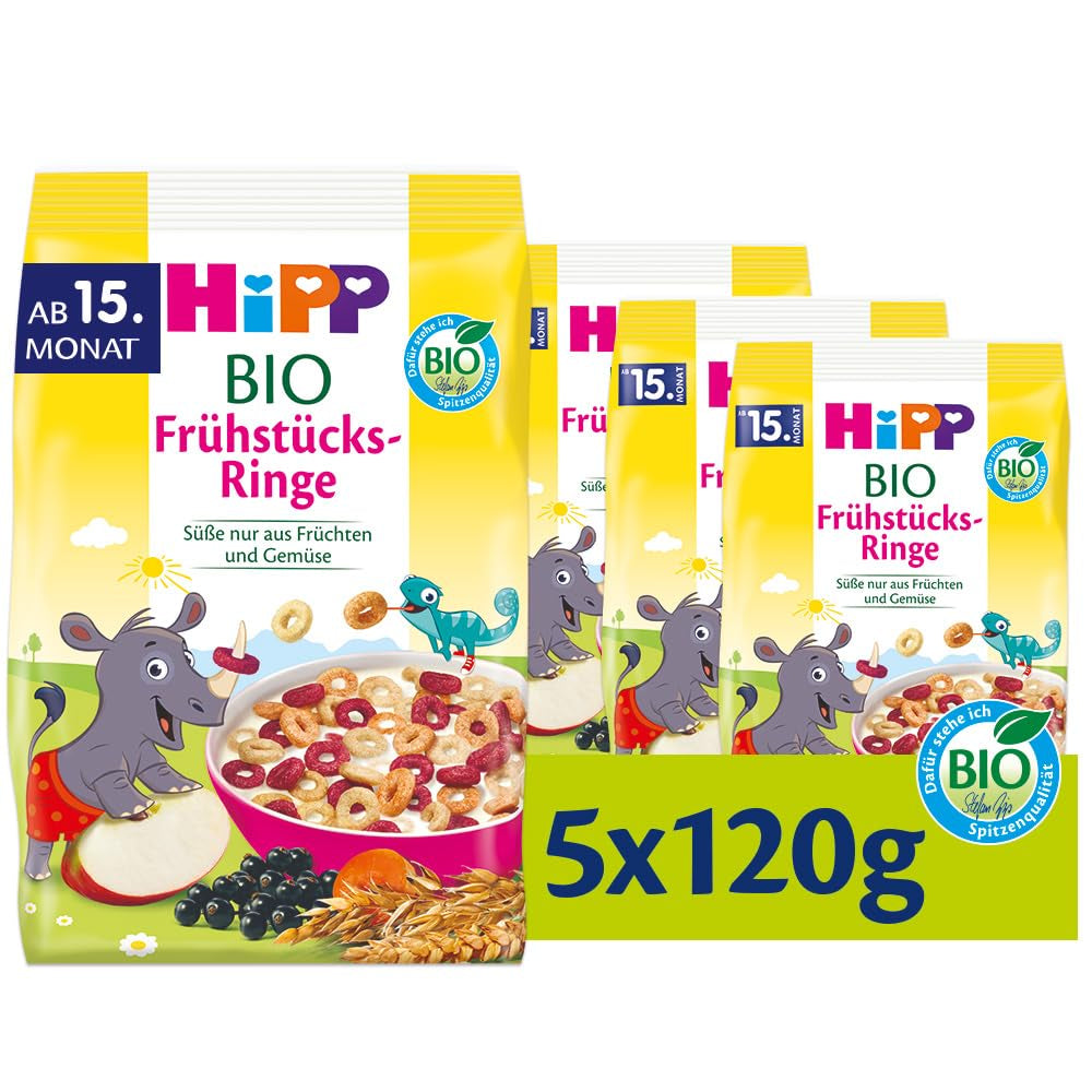 HiPP ekologiska frukostringar (5 x 120g), müsli för barn från 15 månader, sötad endast med frukt och grönsaker, av bästa ekologiska kvalitet