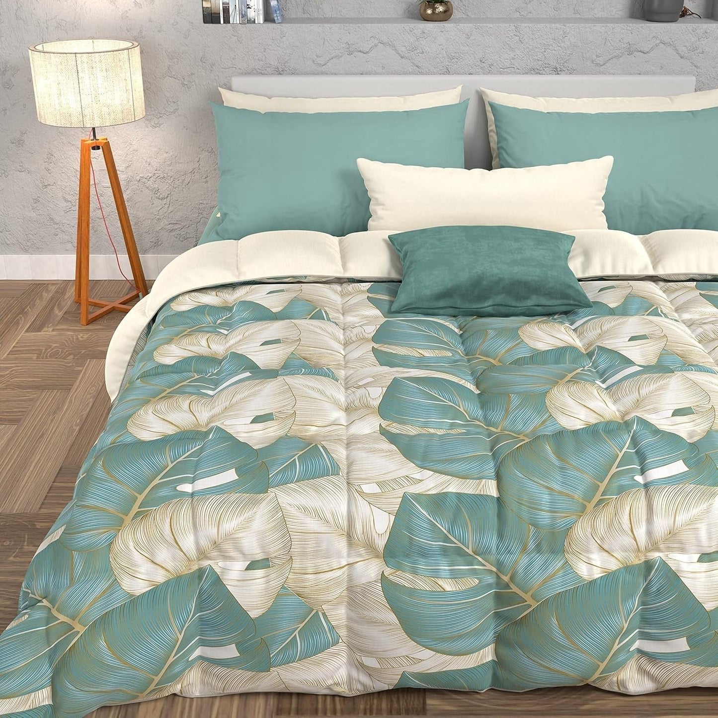 PETTI Artigiani Italiani - Vintertäcke, Vintertäcke, Enkelt täcke, Dubbelsidigt, Enfärgat och digitalt tryck, 100 % anti-allergisk mikrofiber, Made in Italy Naty Shop täcken och täcken Tropical ljusblå O Una Piazza E Mezza