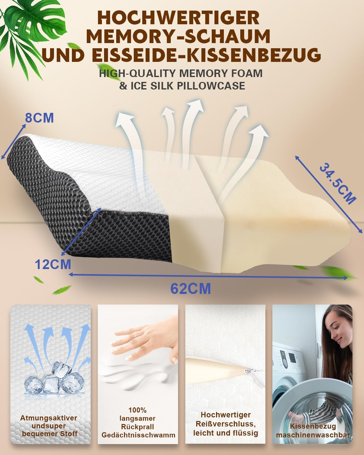 Nacksmärtskudde, ergonomisk ortopedisk nackkudde, sidobaksida buken Memory Foam Kudde, Antisnarkningskudde för män kvinnor (62 * 34,5 * 12/8cm) Cervikala ortopediska kuddar Naty Shop