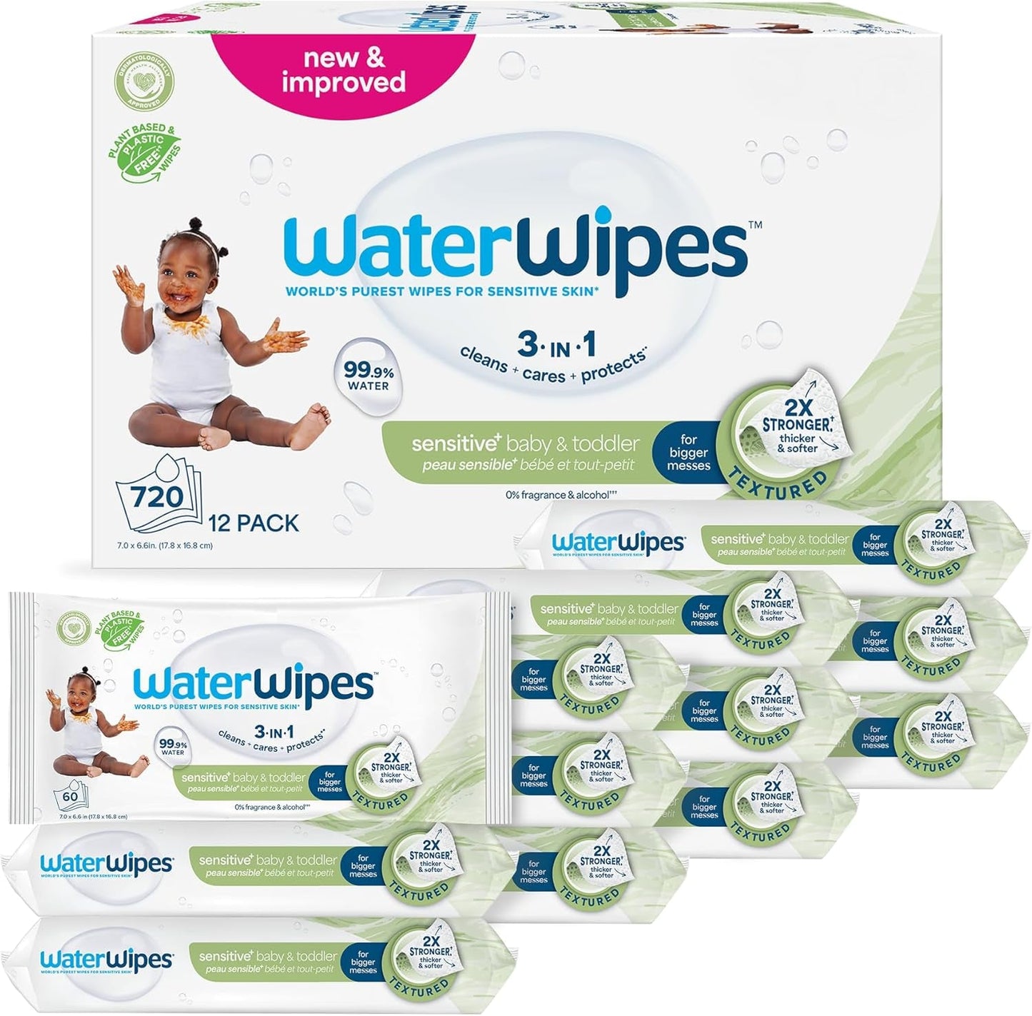 WaterWipes Sensitive+ våtservetter för baby och småbarn, 720 Count (12-pack), 3-i-1 rengöring, vård, skydd, 99,9 % vatten, texturerad rengöring, parfymfri