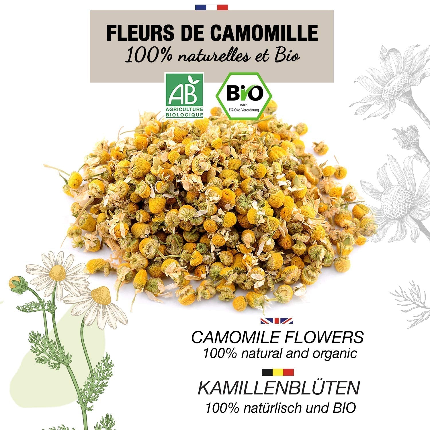 ORIGEENS Ekologiskt kamomillblommate från Europa, 100 g | Lösbladste, ekologiskt te för sömn och matsmältning | Tysk kamomill | Certifierad och förpackad i Tyskland