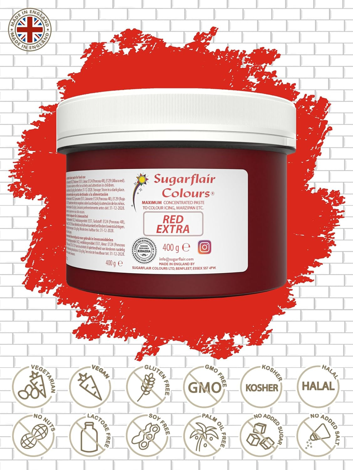 Matfärg Sugarflair Max Concentrated Röd, högkoncentrerad matfärg för marsipan och fondant, pastafärgning Max Concentrated - 400 g