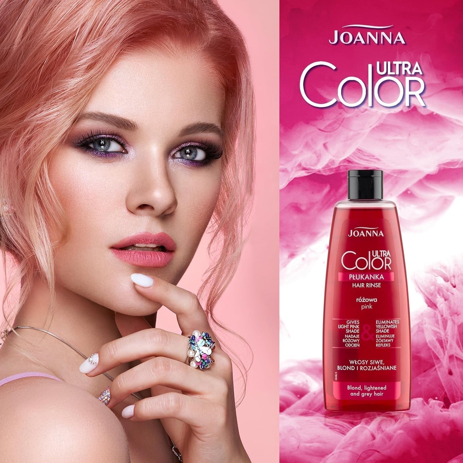 Joanna Ultra Color - Rosa färgbalsam för blont och ljust hår - Pastellrosa - Naturlig glans - Tar bort den gula nyansen från gråblont hår - Tillfällig effekt - 150 ml Hårfärgning Naty Shop