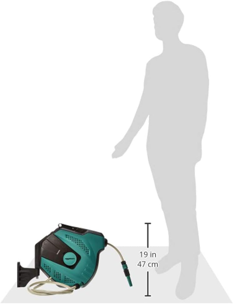 Amazon Basics Väggmonterad slangrulle med slang, självlindande, 15 m, maringrön, svart