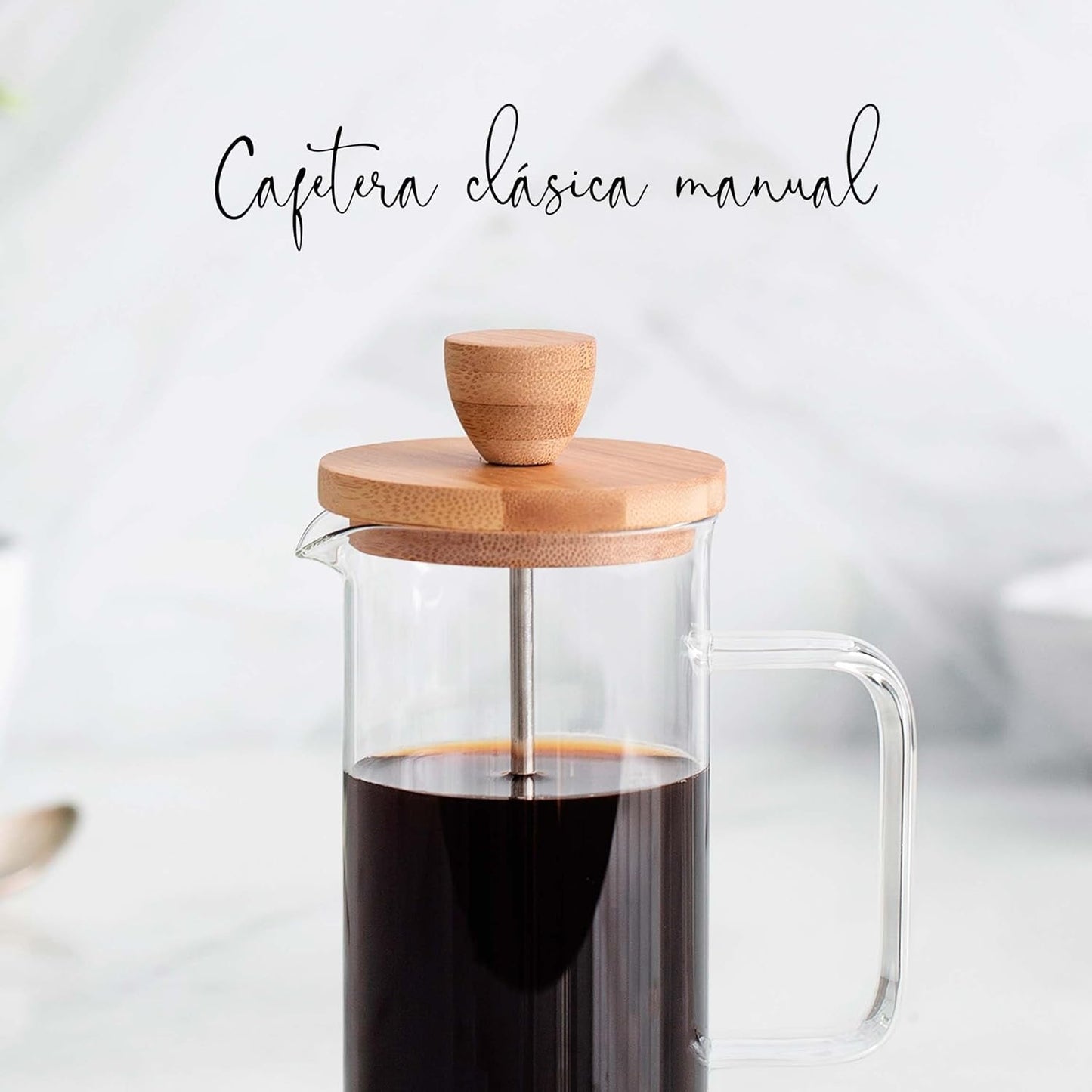 Fransk kaffebryggare, kaffepress, kaffebryggare med kolv, kaffekanna med fransk filter, 3 koppar, 0,35 l, stål och trä