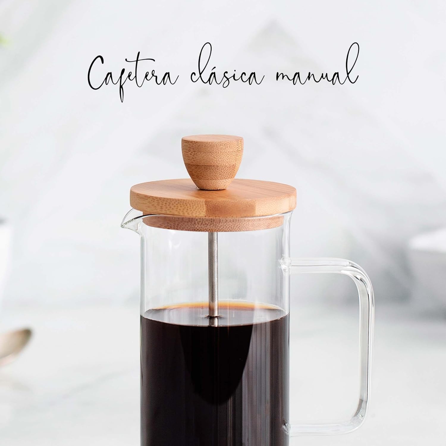 Fransk kaffebryggare, kaffepress, kaffebryggare med kolv, kaffekanna med fransk filter, 3 koppar, 0,35 l, stål och trä