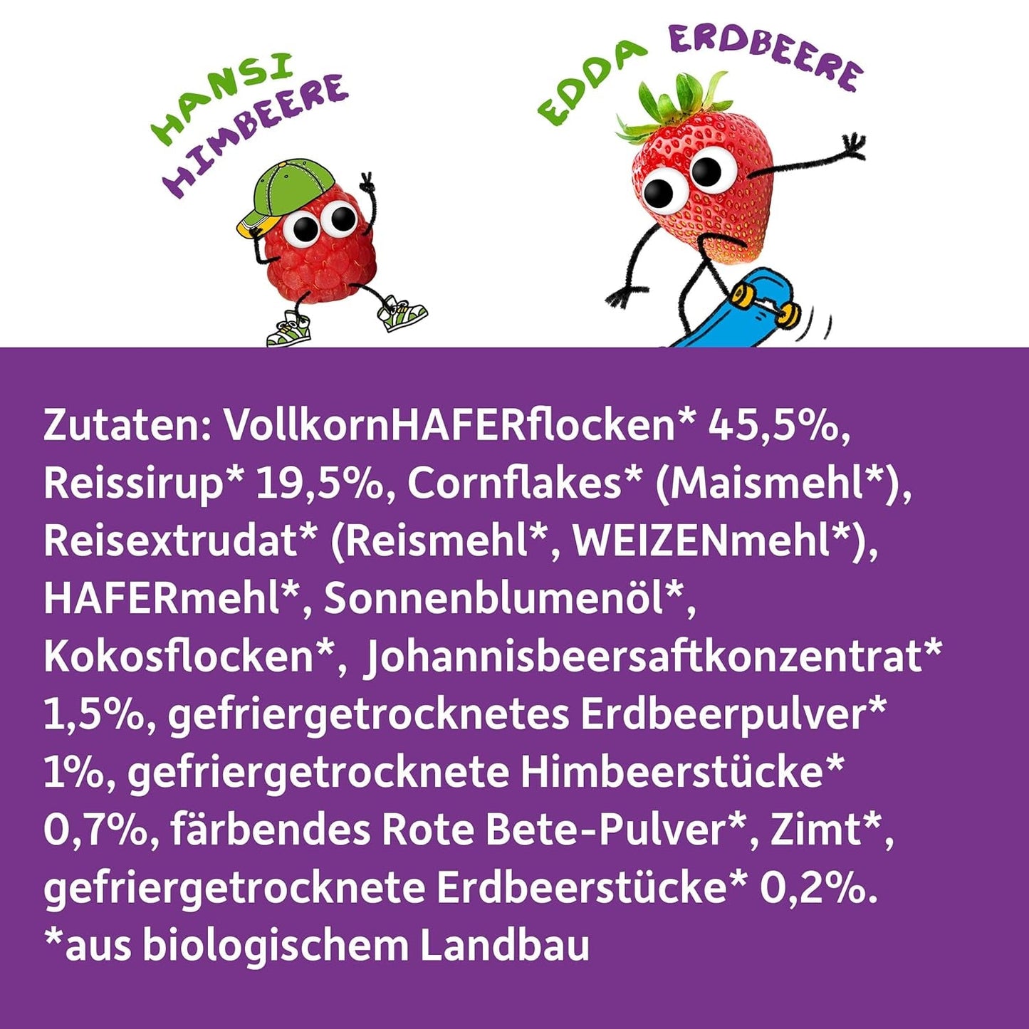 FRECHE FREUNDE Ekologisk frukostmüsli Eddans bärknäckiga müslimix för skolbarn med frystorkade jordgubbar Vegansk 6-pack (6 x 280 g)