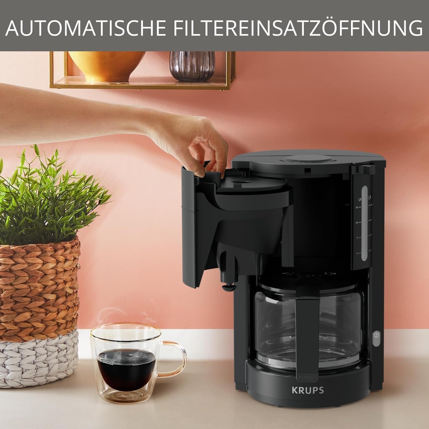 Krups F30908 ProAroma Espressomaskin med filter och glaskaraff, kapacitet 1,25 l, 10-15 koppar, 1050 W, svart