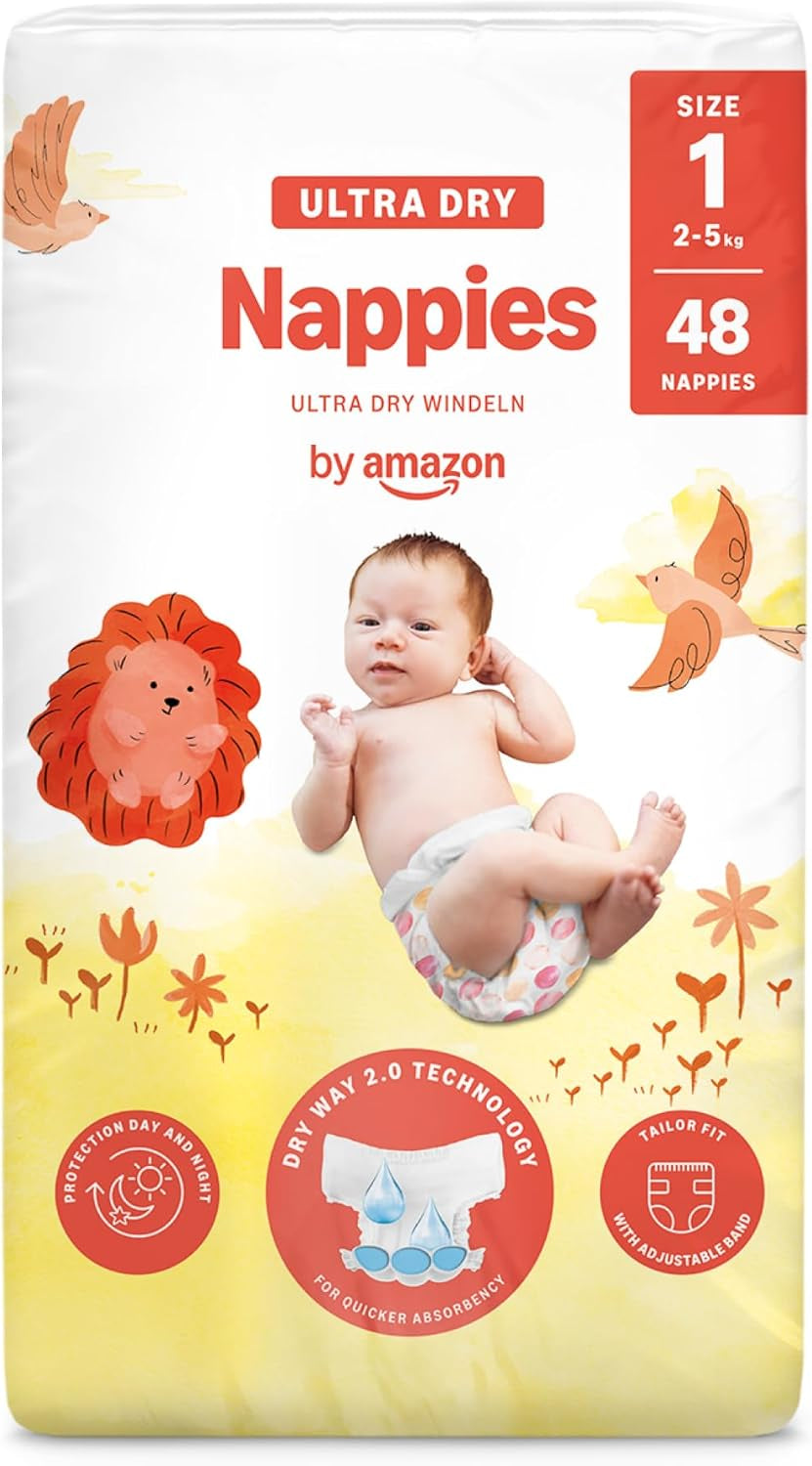 Amazon Ultra Dry blöjor, storlek 1 (2-5 kg) - månadslåda, vit, antal 96 (2 förpackningar om 48) (tidigare Mama Bear Brand, identisk produkt)