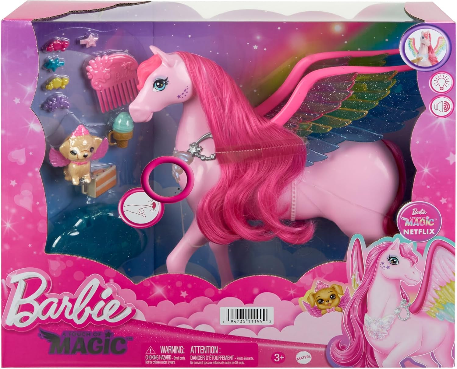 Barbie Pegasus Magic Hide and Seek - Interaktiv leksak med ljus och ljud, 10 tillbehör, Rainbow Wings, för åldrarna 3 och uppåt, HLC41