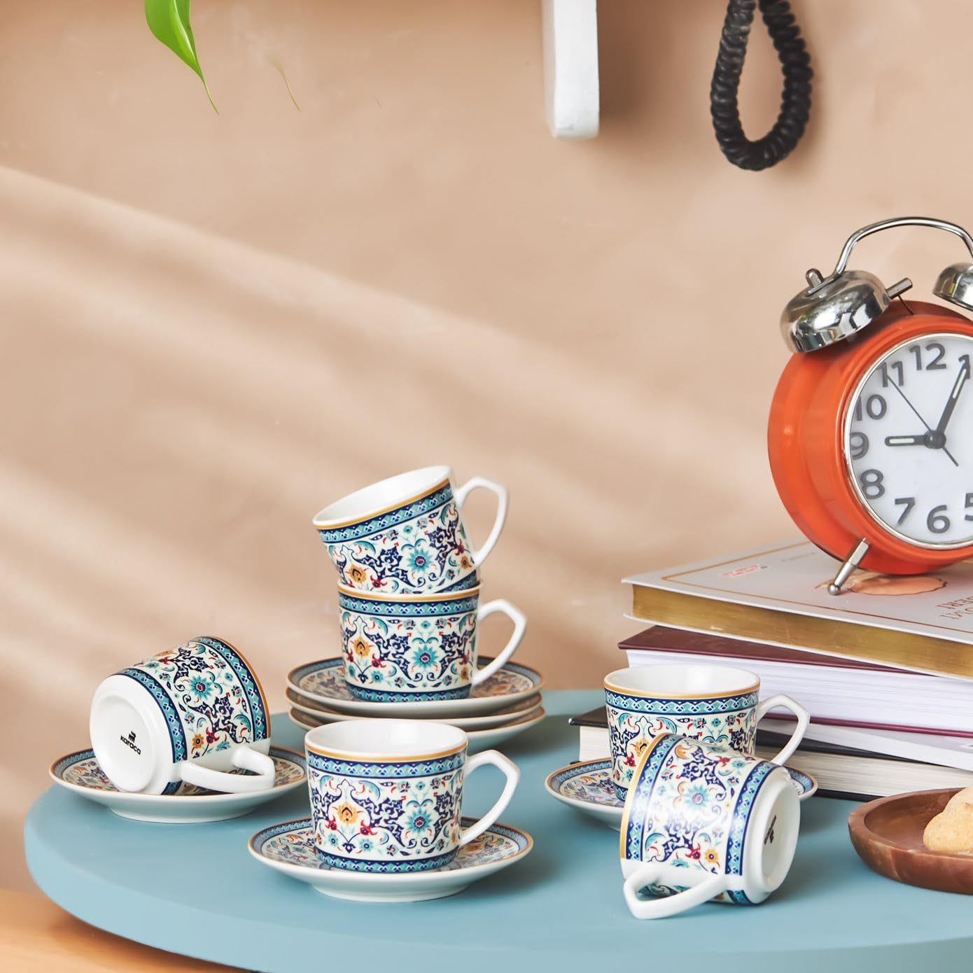 KARACA Beylerbeyi - 12-delat turkiskt kaffekoppset Porslin Espressokopp Set om 6 med fat 80ml Espressokoppset Traditionell design - Blå