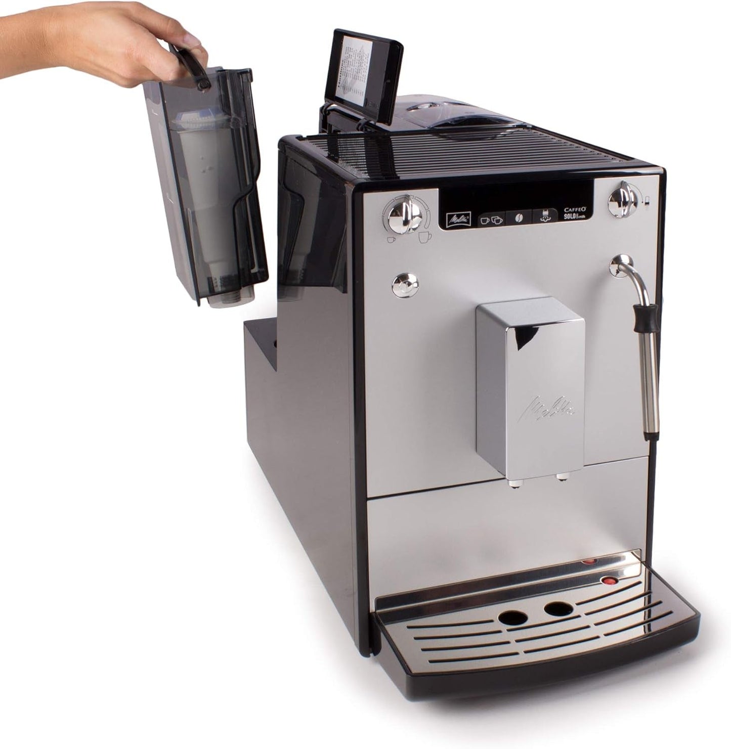 Melitta Solo & Milk - helautomatisk slim kaffemaskin med mjölkskummare, kaffemaskin med avtagbar vattentank, t.ex. kaffe eller cappuccino, silver