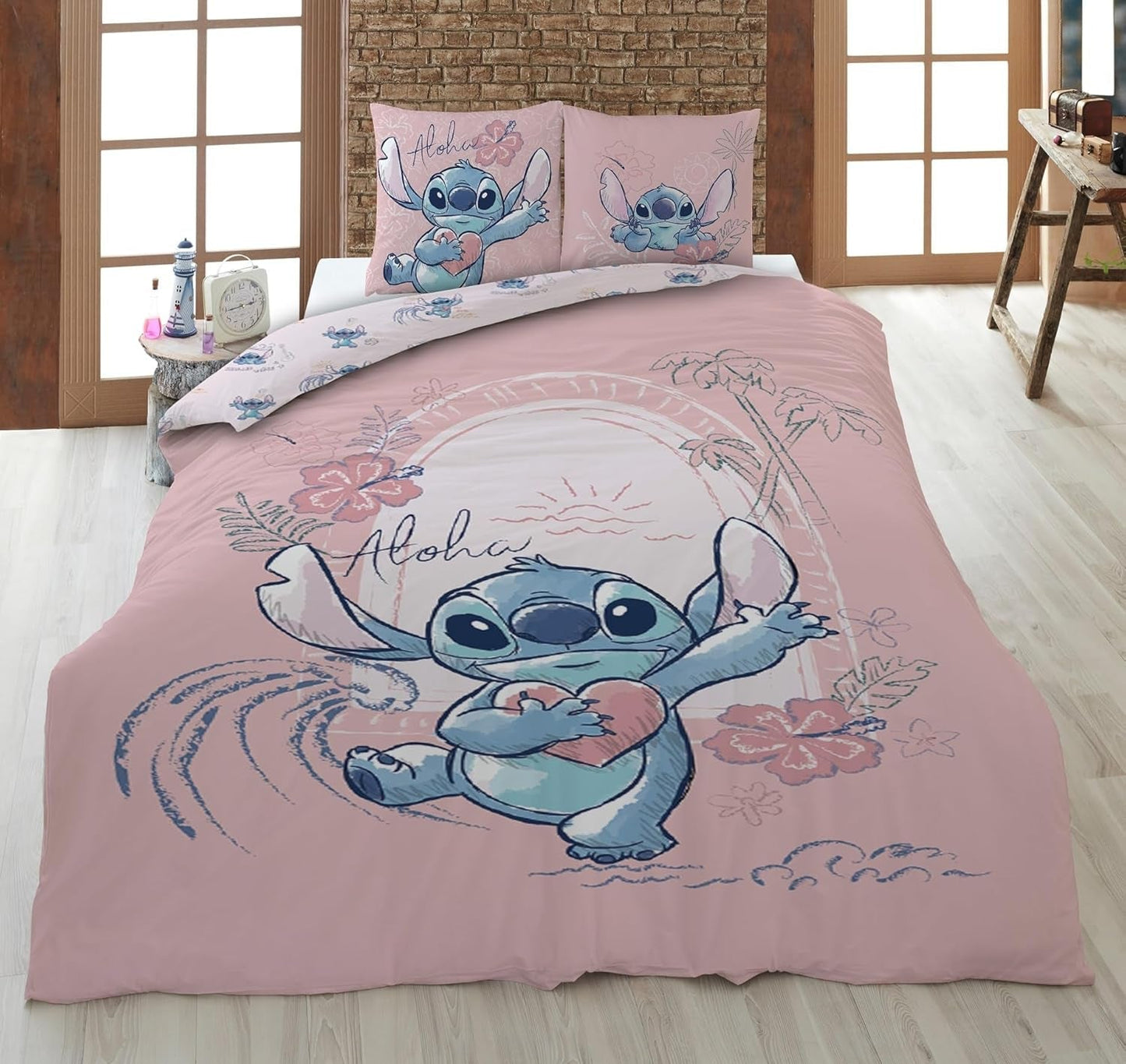 Stitch Aloha Vändbar Sängkläder Set Sängkläder för tjejer 100 % bomull Sängkläder - Barn Naty Shop Standardtitel