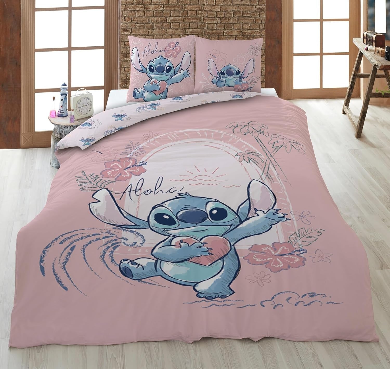Stitch Aloha Vändbar Sängkläder Set Sängkläder för tjejer 100 % bomull Sängkläder - Barn Naty Shop Standardtitel