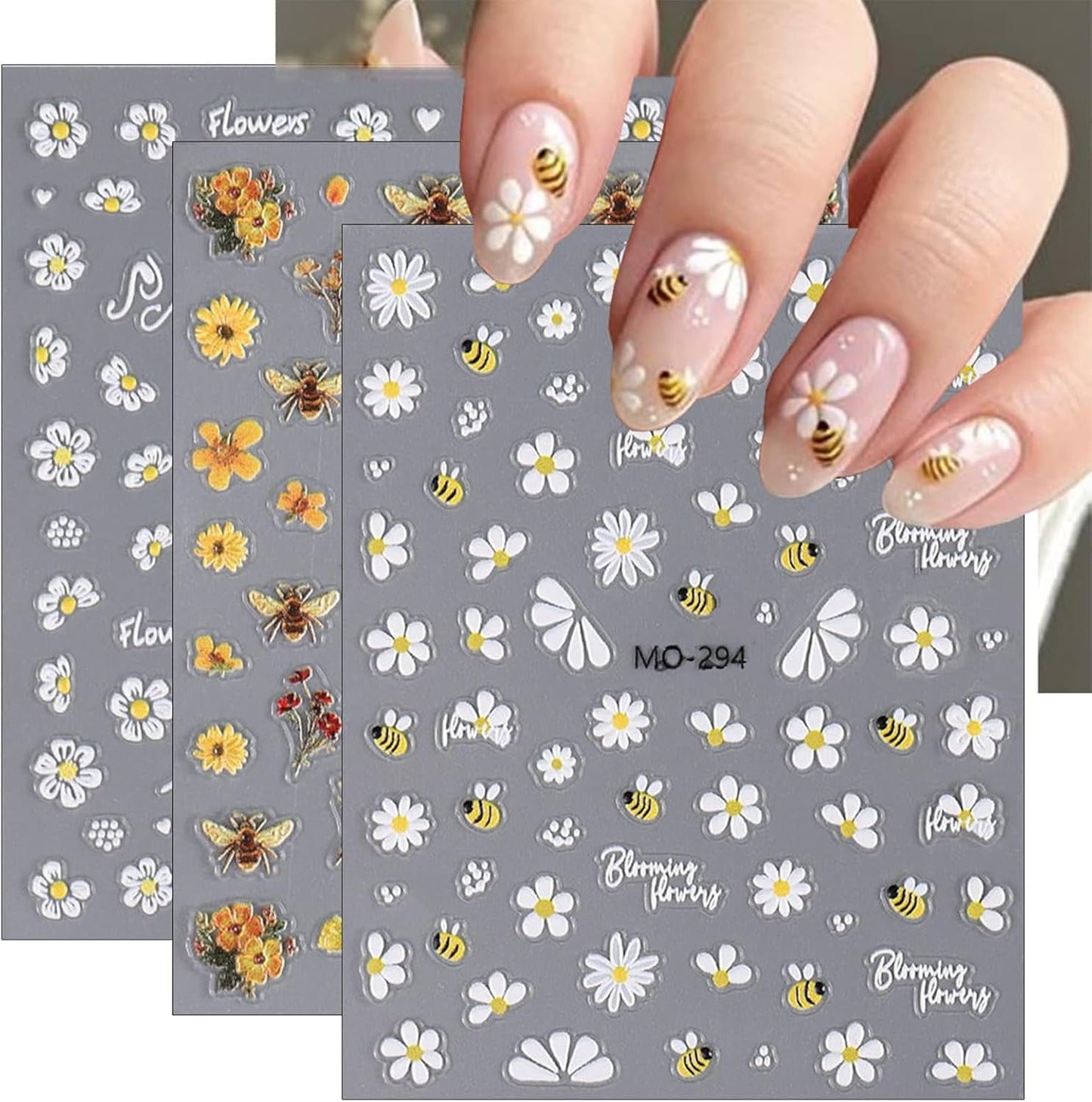 3 Stück Nagelsticker Set-Selbstklebende Nagelfolie Mit Blumen- Und Bienenmotifen-Nagelkonstklistermärke Für Kreatives Nageldesign-Nageltattoos Und Zubehör