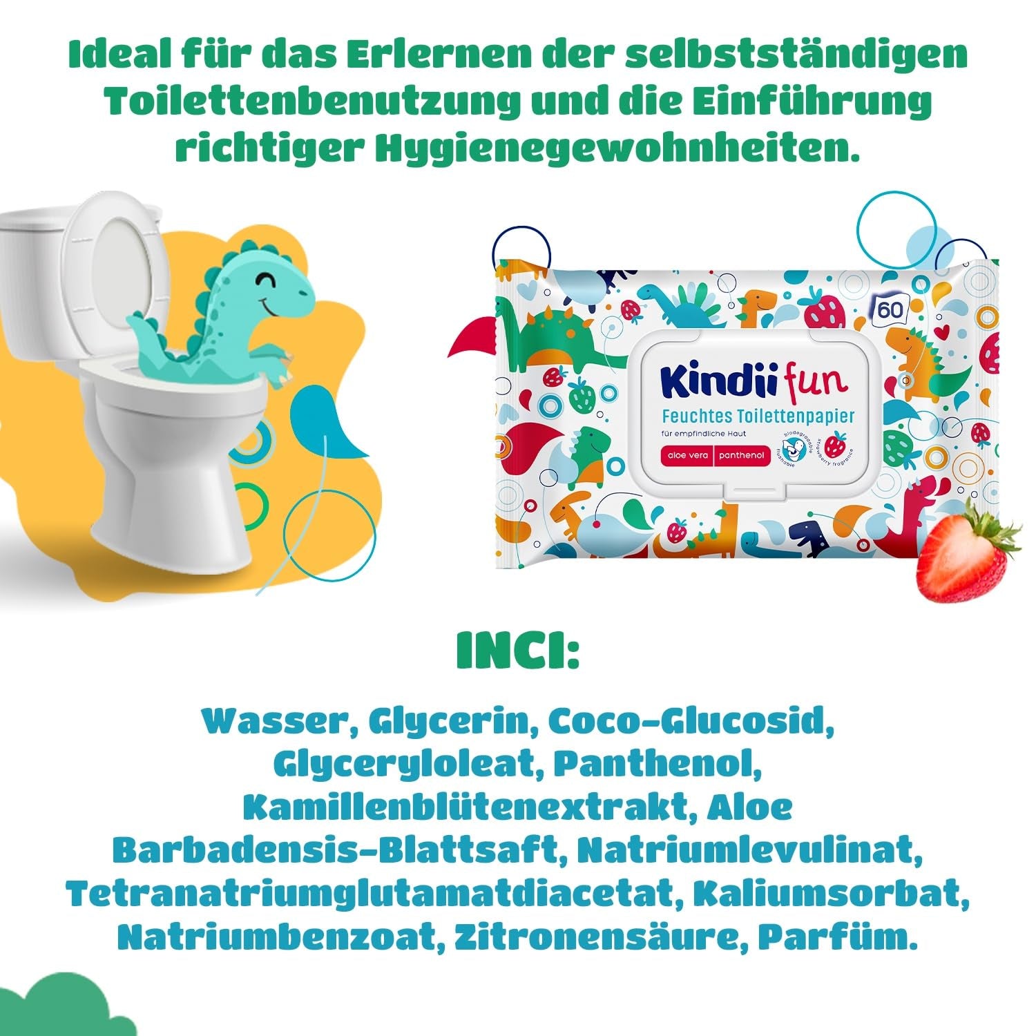 Kindii Fun Wet Toalettpapper - (10X60 stycken) Wet Toalettpapper - Kamomill, Aloe Vera, Ph-neutralt, Vattenbart, Fräschar upp det intima området - 600 stycken
