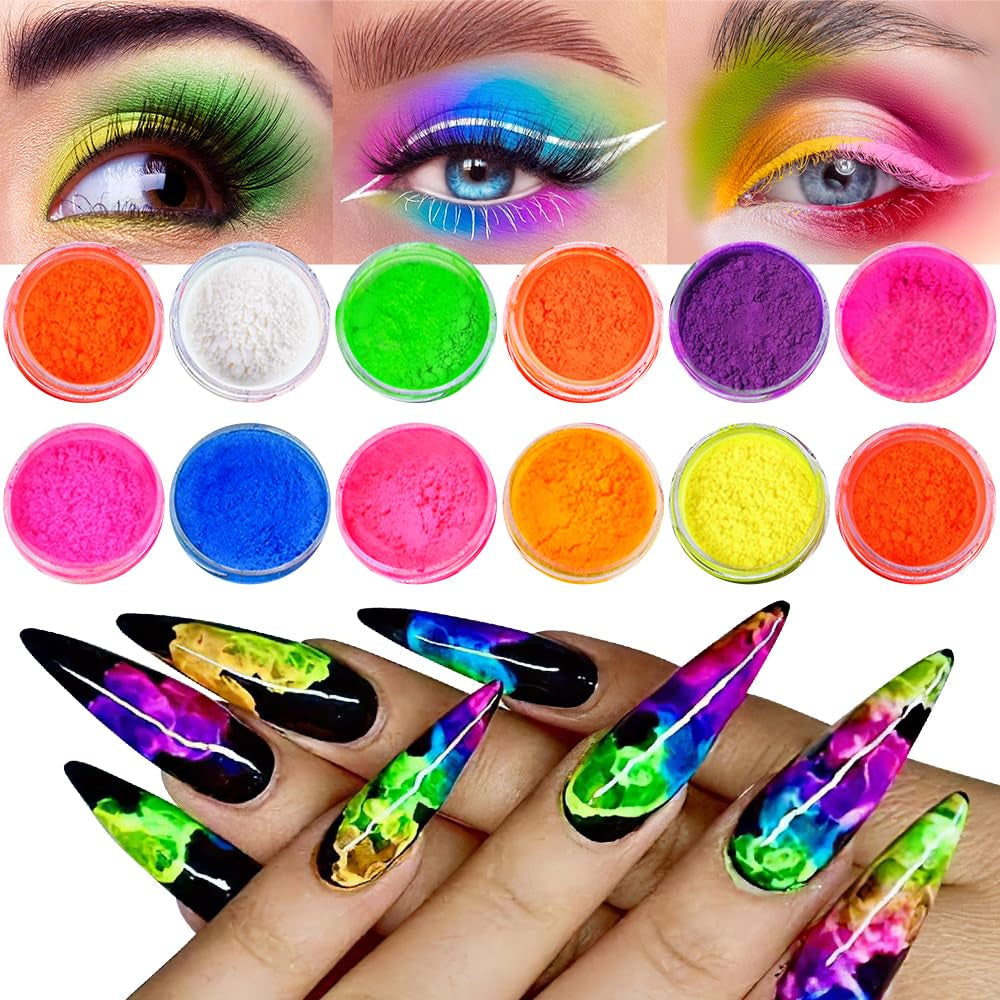 Neon Fosfor Pigment Pulver Für Nägel Lidschatten - 12 Färger Neon Nagel Glitzer Augenpulver Maniküre Halloween Neon Smink Dekoration Nail Art Staub Pigment