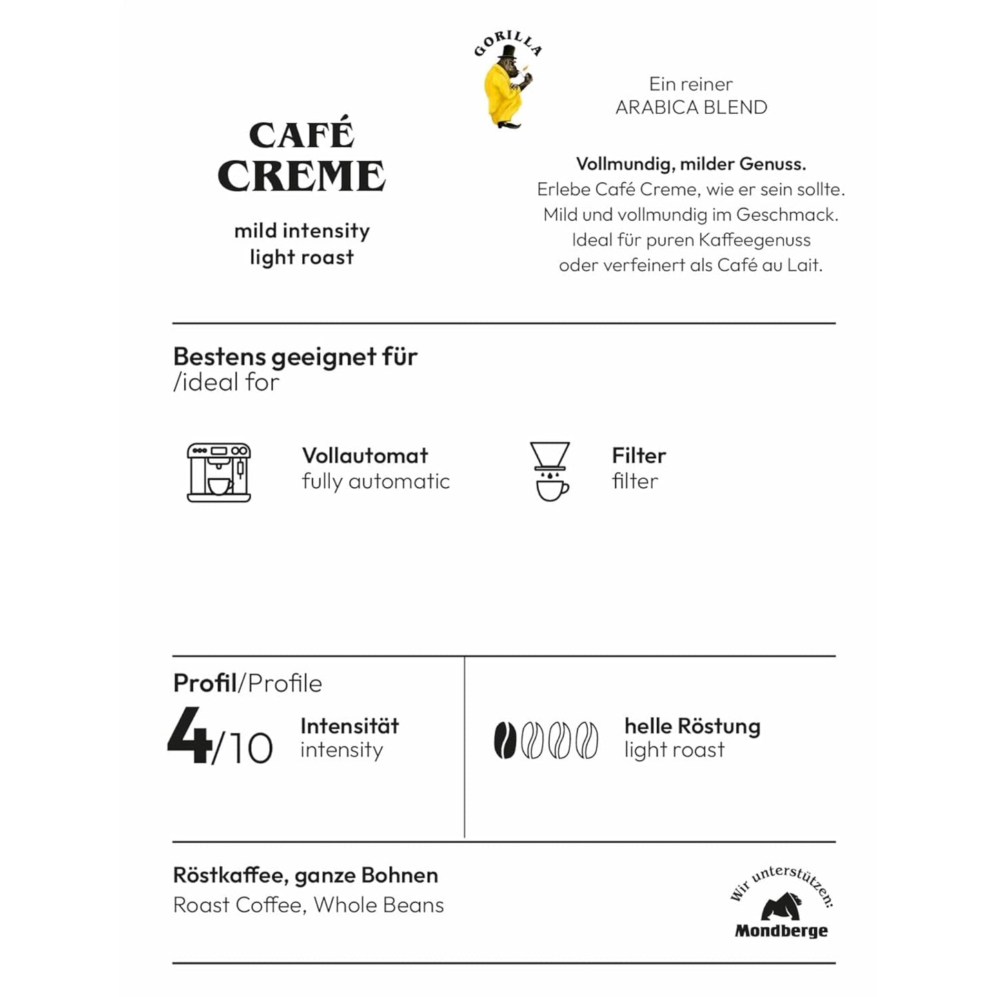 Gorilla Café Creme 6x 1000g | 100 % traditionell Arabica-Bohnen | Ideal Volllautomaten Crema harmonisches Aroma | geriger Koffeingehalt helle Röstung | Vorratspackung