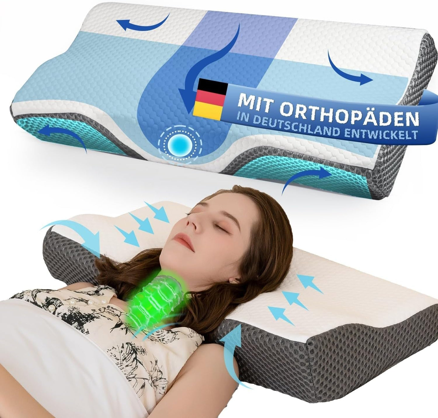 Nacksmärtskudde, ergonomisk ortopedisk nackkudde, sidobaksida buken Memory Foam kudde, antisnarkningskudde för män kvinnor (62 * 34,5 * 12/8 cm) Cervikala ortopediska kuddar Naty Shop Standardtitel