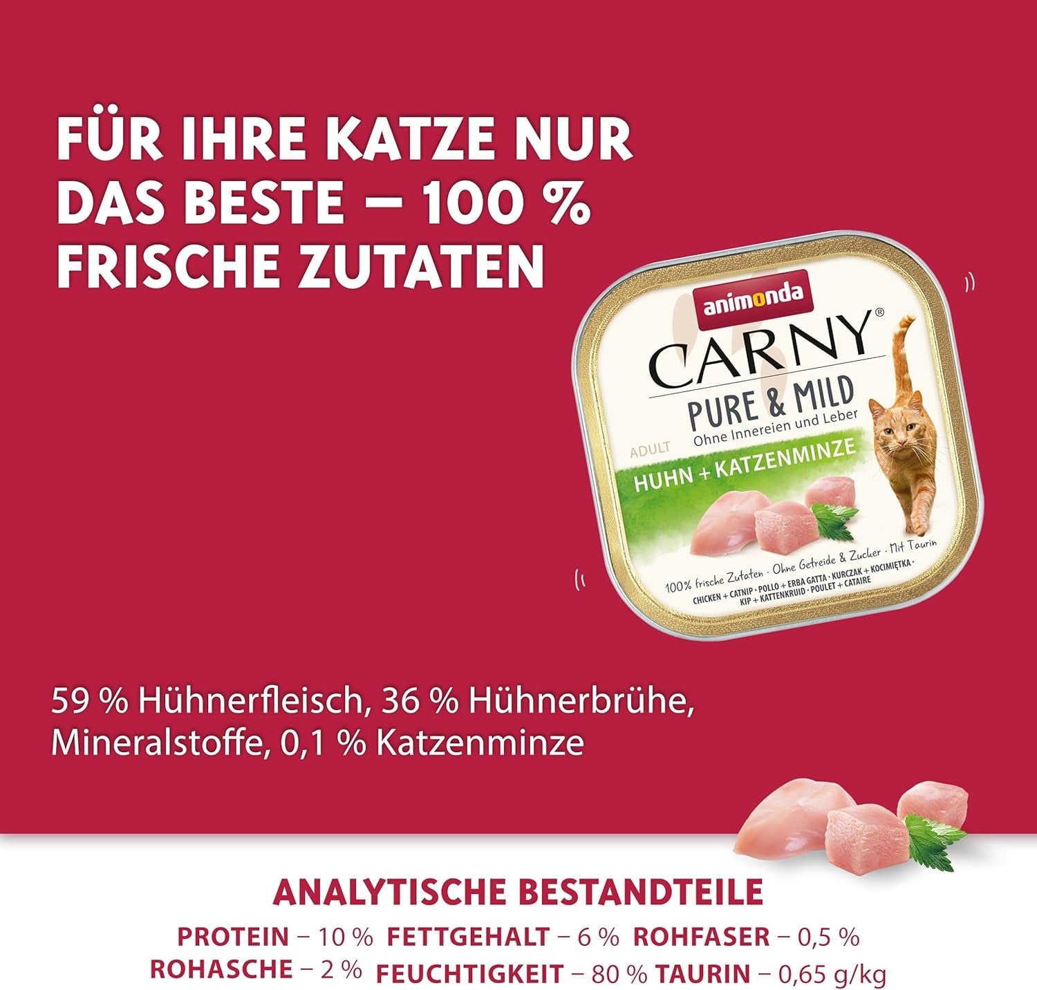 Vuxen Pure & Mild våtfoder med kyckling och kattmynta (32 x 100 g), för känsliga katter, spannmålsfri och sockerfri, lättsmält våtfoder med kyckling