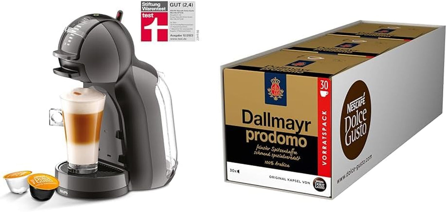 NESCAFÉ DOLCE GUSTO Krups KP1238 Mini Me kaffekapselmaskin, 15 bar, kompakt, högtrycks kaffemaskin, över 30 kaffekreationer, val av dryckesstorlek, svart/antracit mit Dallmayr Prodomo