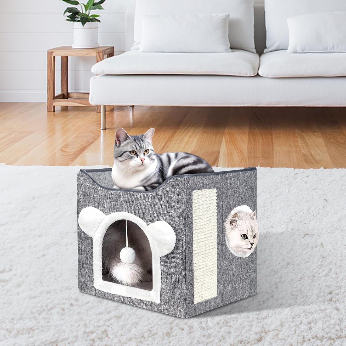 Katzenbetten für Indoor Katzen, Faltbares Katzenhaus, Katzenhöhle 2 Schicht Würfel Großer Raum Katzenbett mit Kratzbrett und Spielball, 15,8 x 15,8 x 15tum