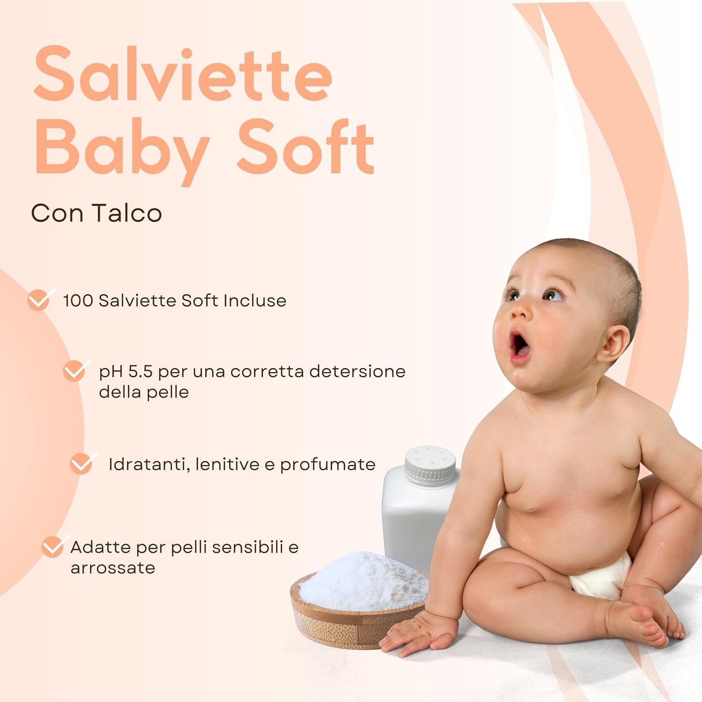 Babyservetter med talk för känslig hud, alkoholfri, hudvänlig, pH 5,5, lätt doftande, 1200 Count (12-pack)