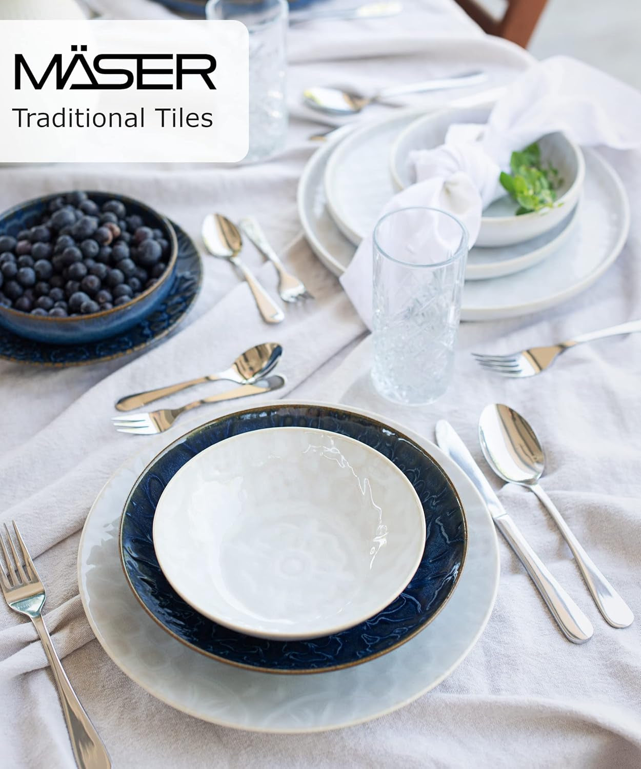 MÄSER 935079 Modern vintage servisset för 2, morisk design, 8-delad bordsservering, högkvalitativa keramiska tallrikar och skålar, stengods, vit