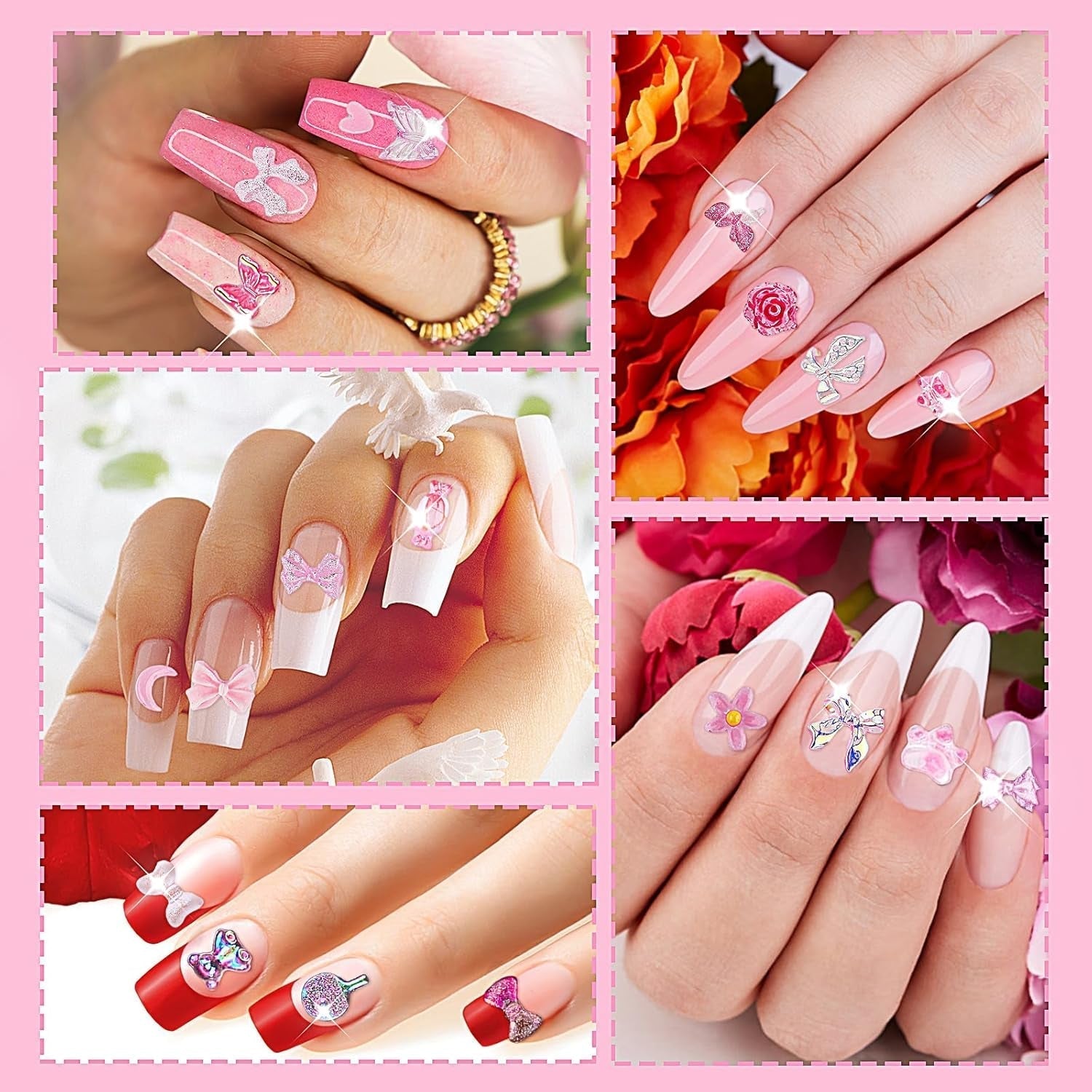 200 bitar Nail Art Charms 3D Nail Art dekorationsset Rosett Nagelhänge Rosa blandad stil Rosett Blomma Nalle Lollipop Hjärtaform Nagelkonstdekoration DIY Craft Nageldesign