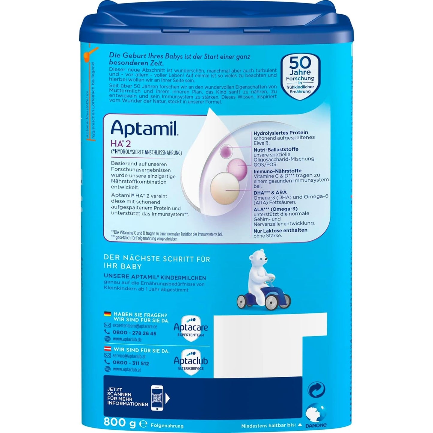 Aptamil HA 2 – Uppföljningsformel efter 6 månader, med Omega 3 och 6, DHA, ARA och ALA, laktosfri, palmoljefri, barnmat, mjölkpulver, 1 x 800 g (förpackning med 4)