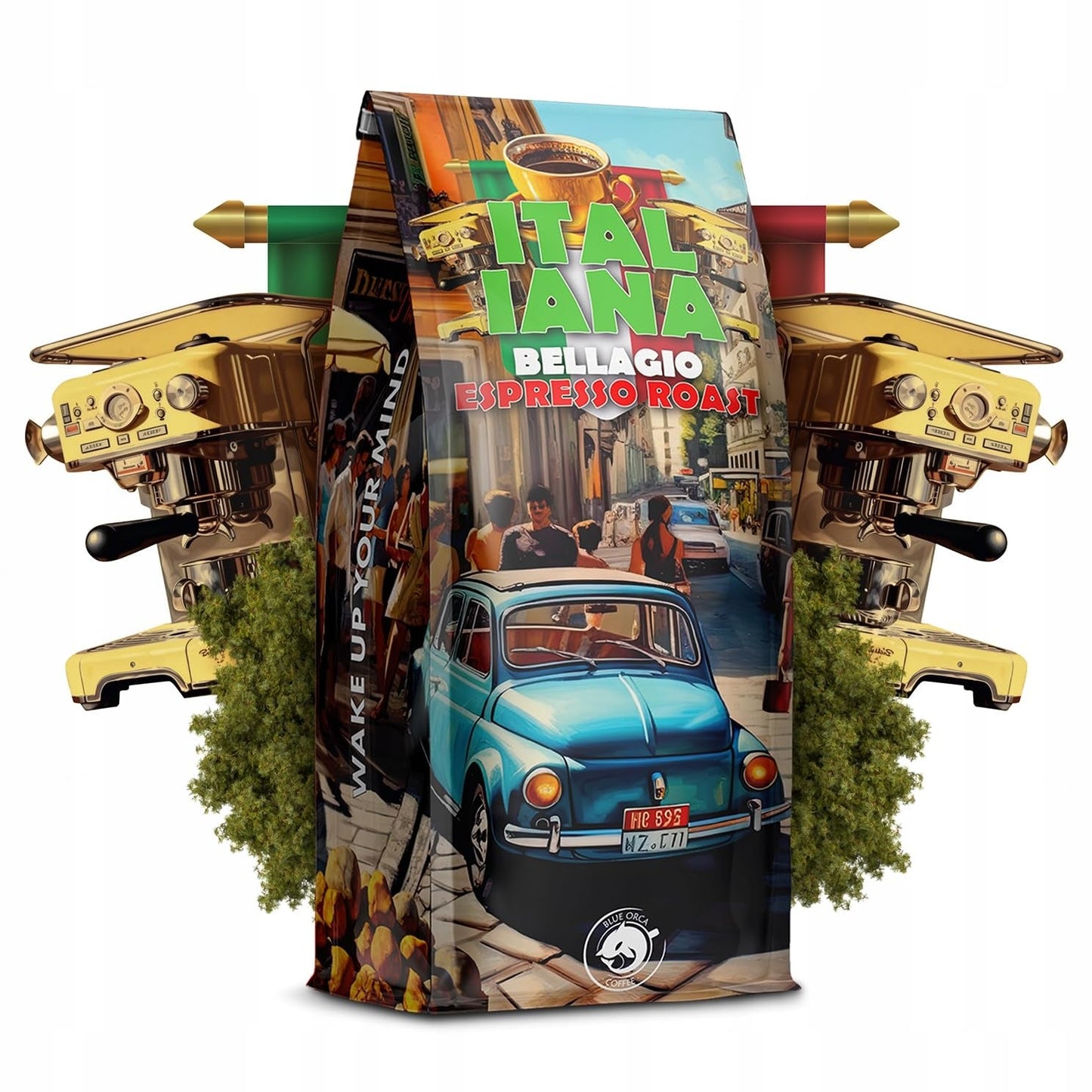 Rostade kaffebönor Italiana Bellagio 1kg | 80 % Arabica och 20 % Robusta | med inslag av nötter och mörk choklad | nyrostad, låg syra | för kaffemaskiner | Blue Orca Coffee