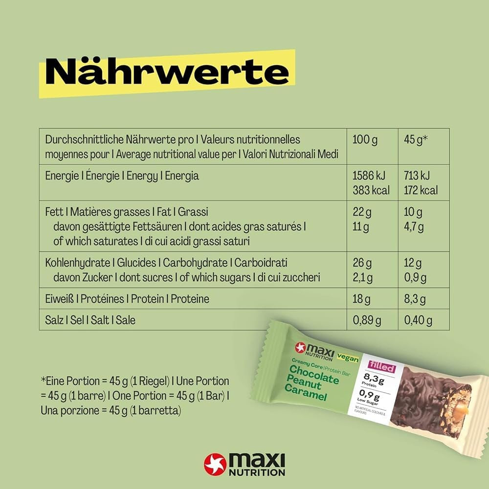 MaxiNutrition Krämig vegansk proteinbar med choklad, jordnötter och kola 12x45g - vegansk proteinbar, 18% protein, 8,3g per bar, låg sockerhalt (0,9g), inget tillsatt socker, inga konstgjorda smakämnen
