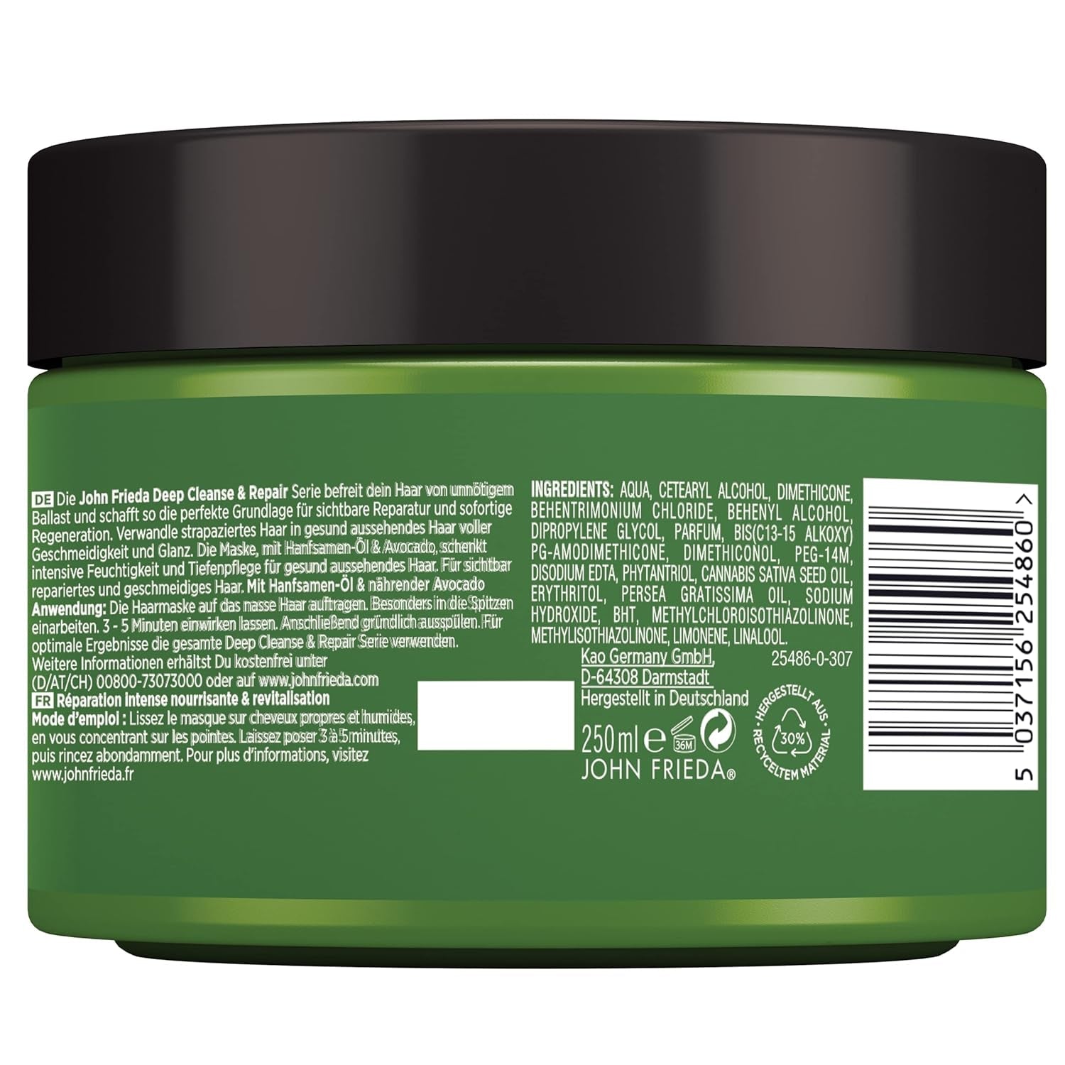 John Frieda - Deep Cleanse & Repair Mask / Treatment - Innehåll: 250 ml - Med hampfröolja + närande avokado - Lugnande hårmask för skadat hår Naty Shop hårmask
