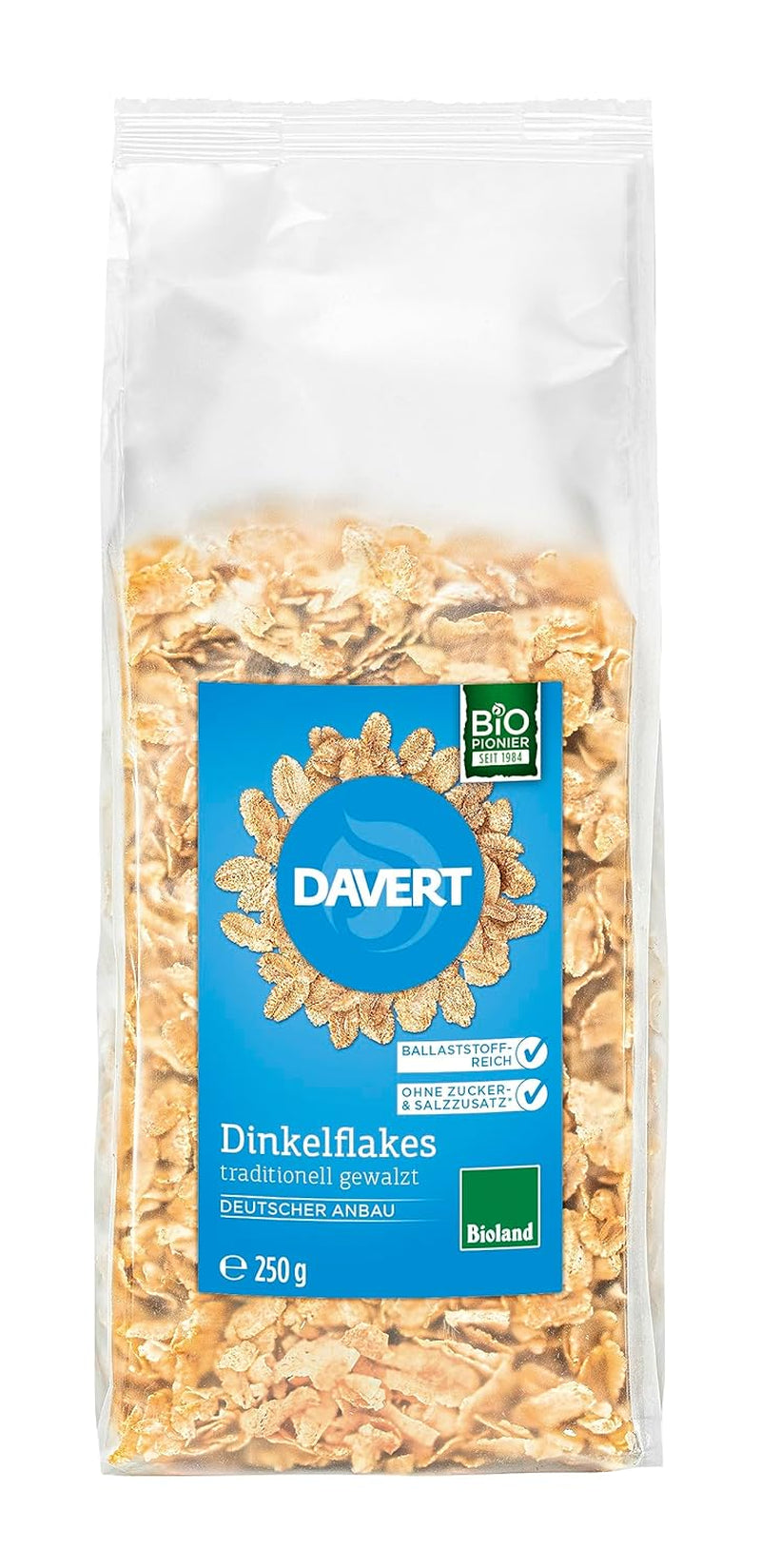 Davert Ekologiska dinkelflingor 250g - Inget tillsatt socker eller salt, lätt smaksatt och underbart krispigt - 100% Davert ekologisk kvalitet (1 x 250g)