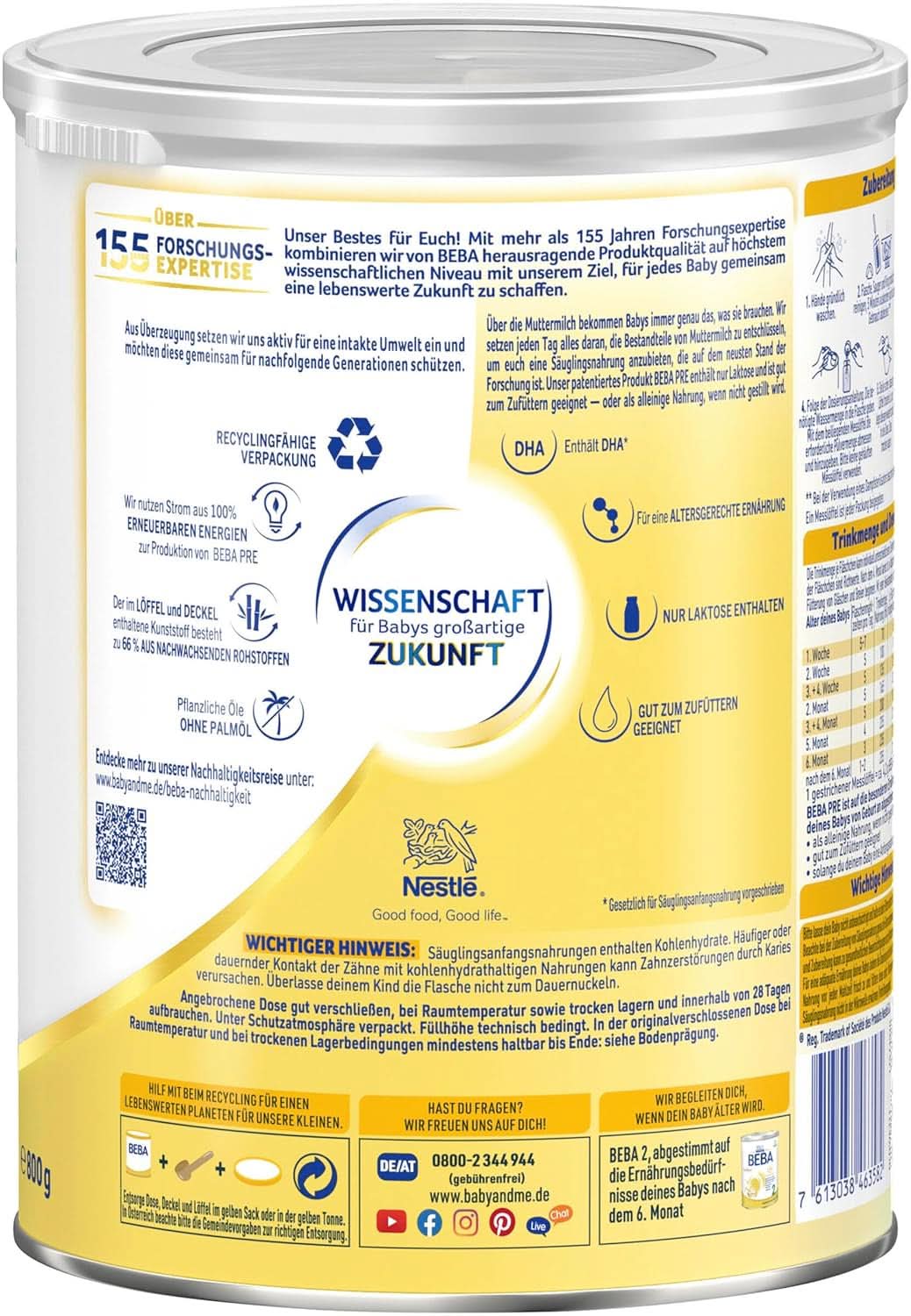 BEBA PRE Initial mjölk från födseln, barnmat med DHA, endast laktos, ingen palmolja, pack 3 (3 x 800 g) Naty Shop