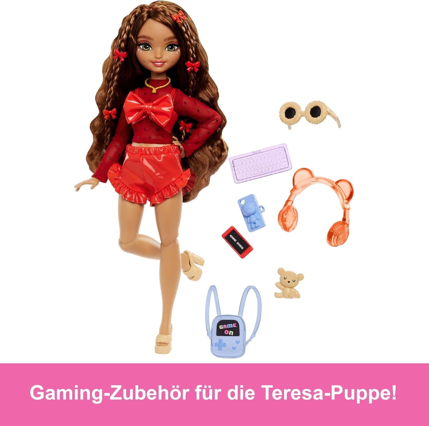 Barbie Dream Besties docka och tillbehör, rörlig Teresa modedocka med brunt hår och hårklämmor, 10 bitar videospelstema, HYC23 Naty Shop Dolls