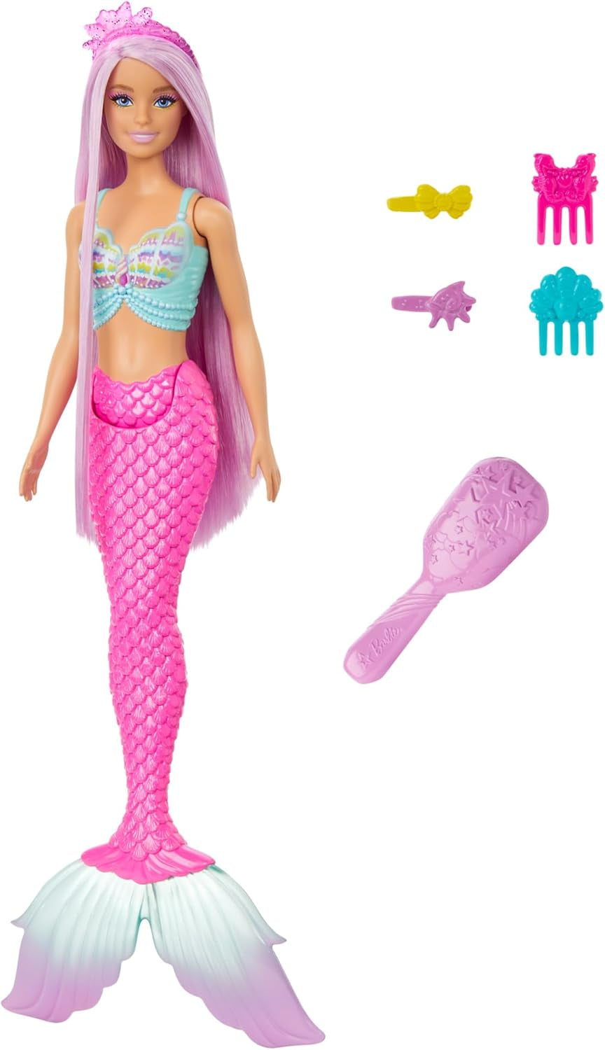 Barbie sjöjungfrudocka - med långt rosa hår och individuella stylingtillbehör, inklusive borste, vacker kammusslaspets och rosa stjärtfena, för åldrarna 3 och uppåt, HRR00