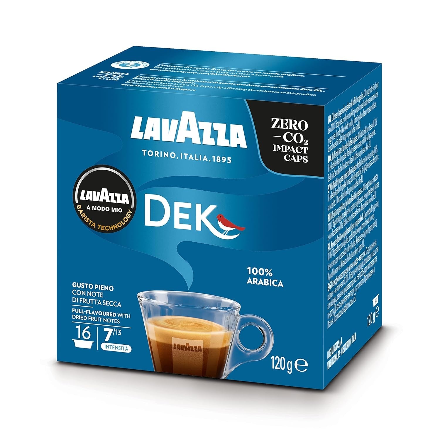 Lavazza A Modo Mio Dek Cremoso, 256 kaffekapslar, för koffeinfri espresso med aromatiska toner av mandel och canditis, 100% Arabica, intensitet 7/13, medelrostad, 16 förpackningar