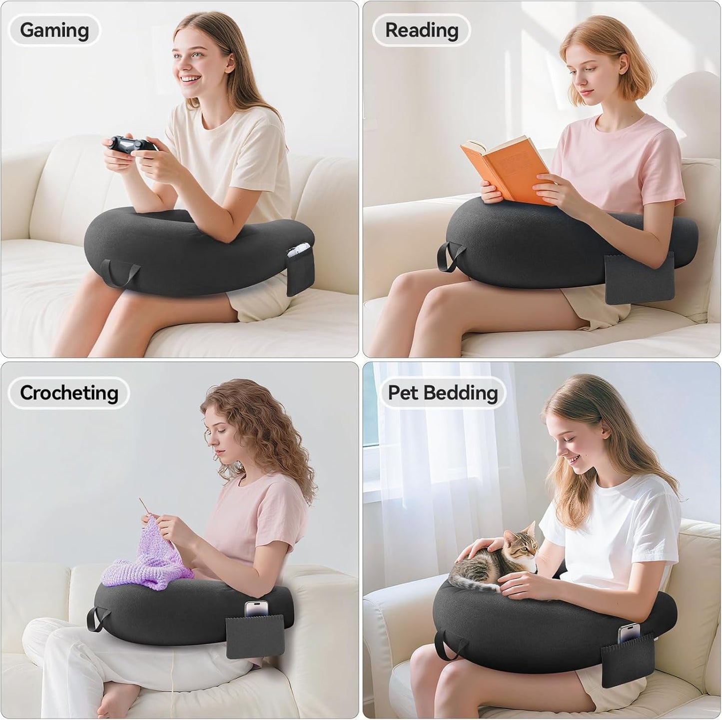 Spel- och läskudde, Läskudde för säng/soffa/golv, matning/virkad kudde med stor ergonomisk spelkudde, Gamerkudde för iPad/laptop - svart
