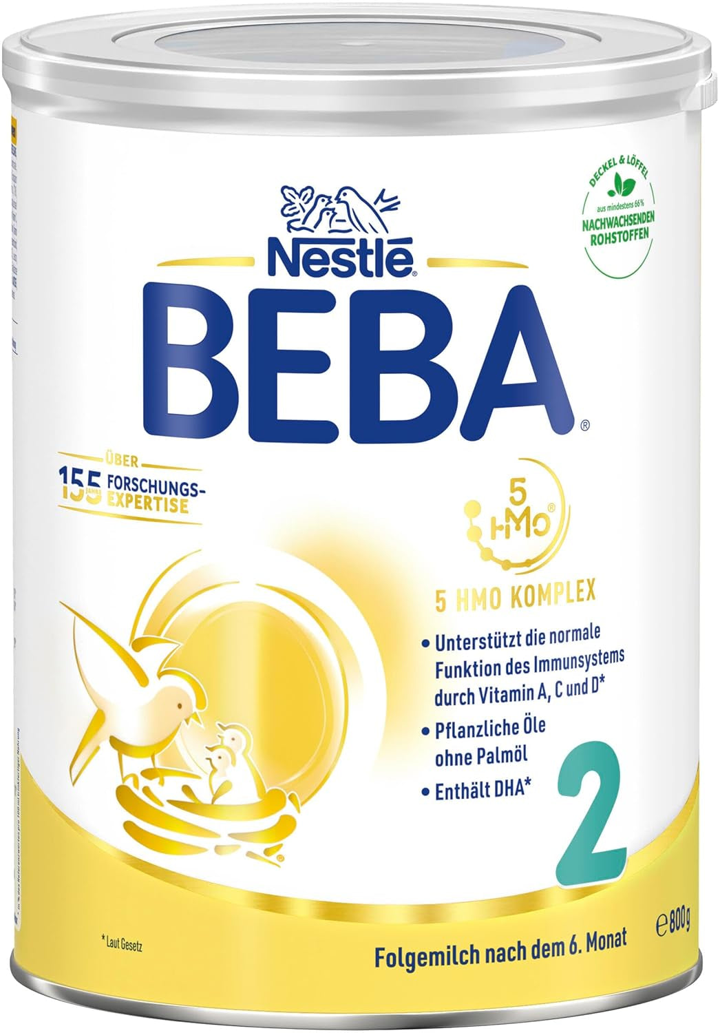 BEBA 2 - Tillskottsmjölk efter 6 månader, med 5 HMO-komplex, åldersanpassat proteininnehåll, laktosfri, palmoljefri, fiskoljefri, barnmat, babymjölkspulver, 3 st (3 x 800g)